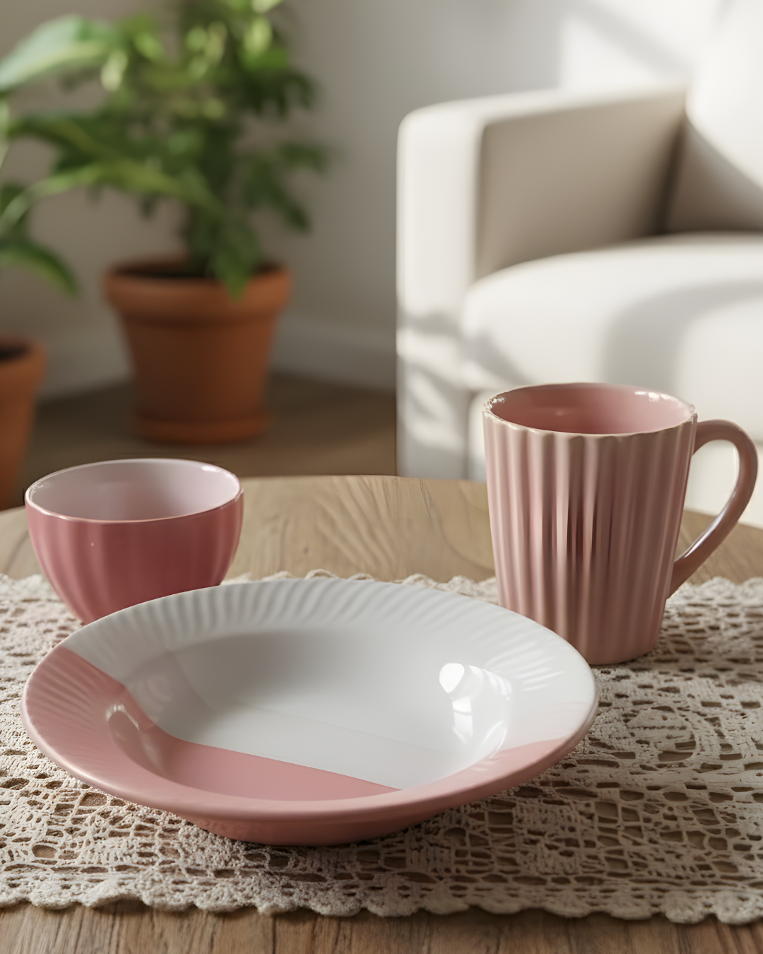 12 Pink White Breakfast Set - Image 1