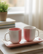 Pink White Coffee Mug with Tray Set