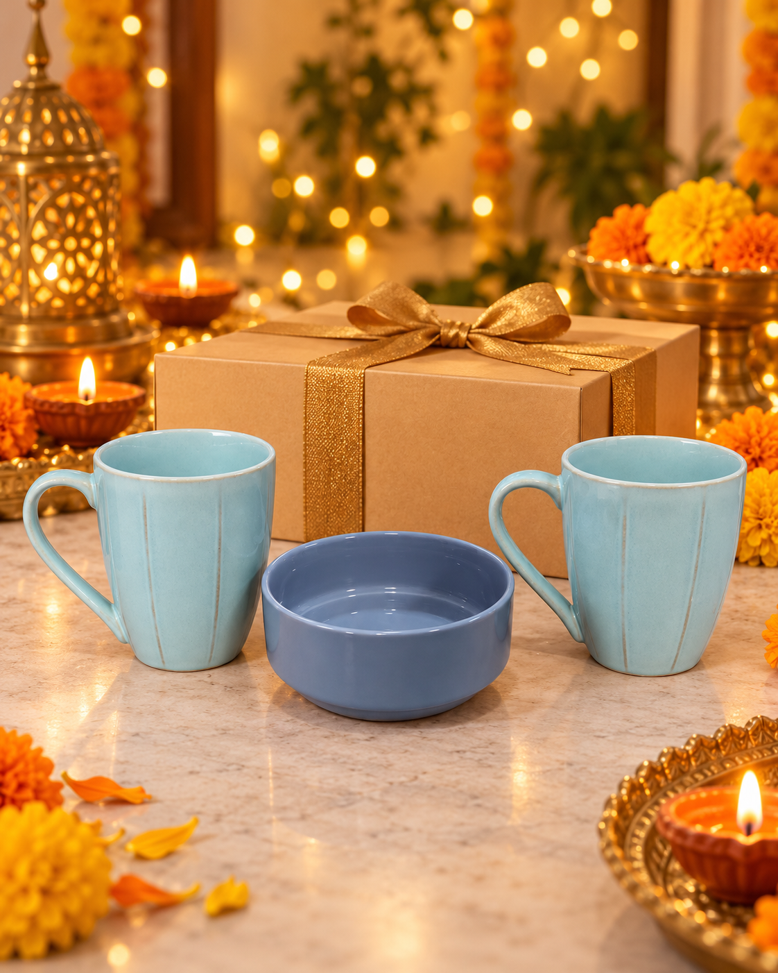 Aqua Mugs and Slate Bowl Diwali Gift-3 Aqua Mug & Blue Bowl Combo Set of 3 - Image 1