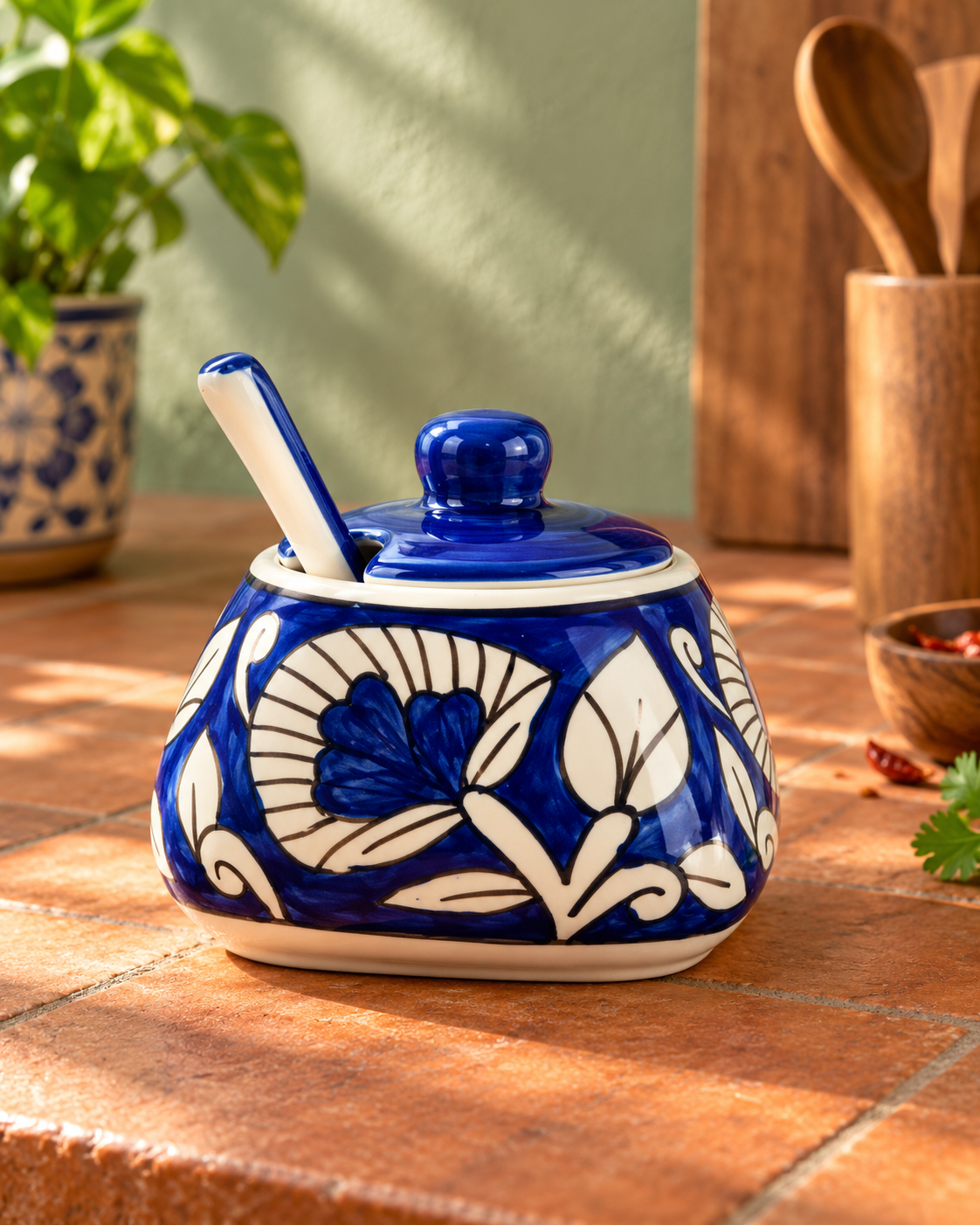 Cobalt floral ceramic jar in sunlit kitchen Mughal Blue Pickle Jar - Image 1