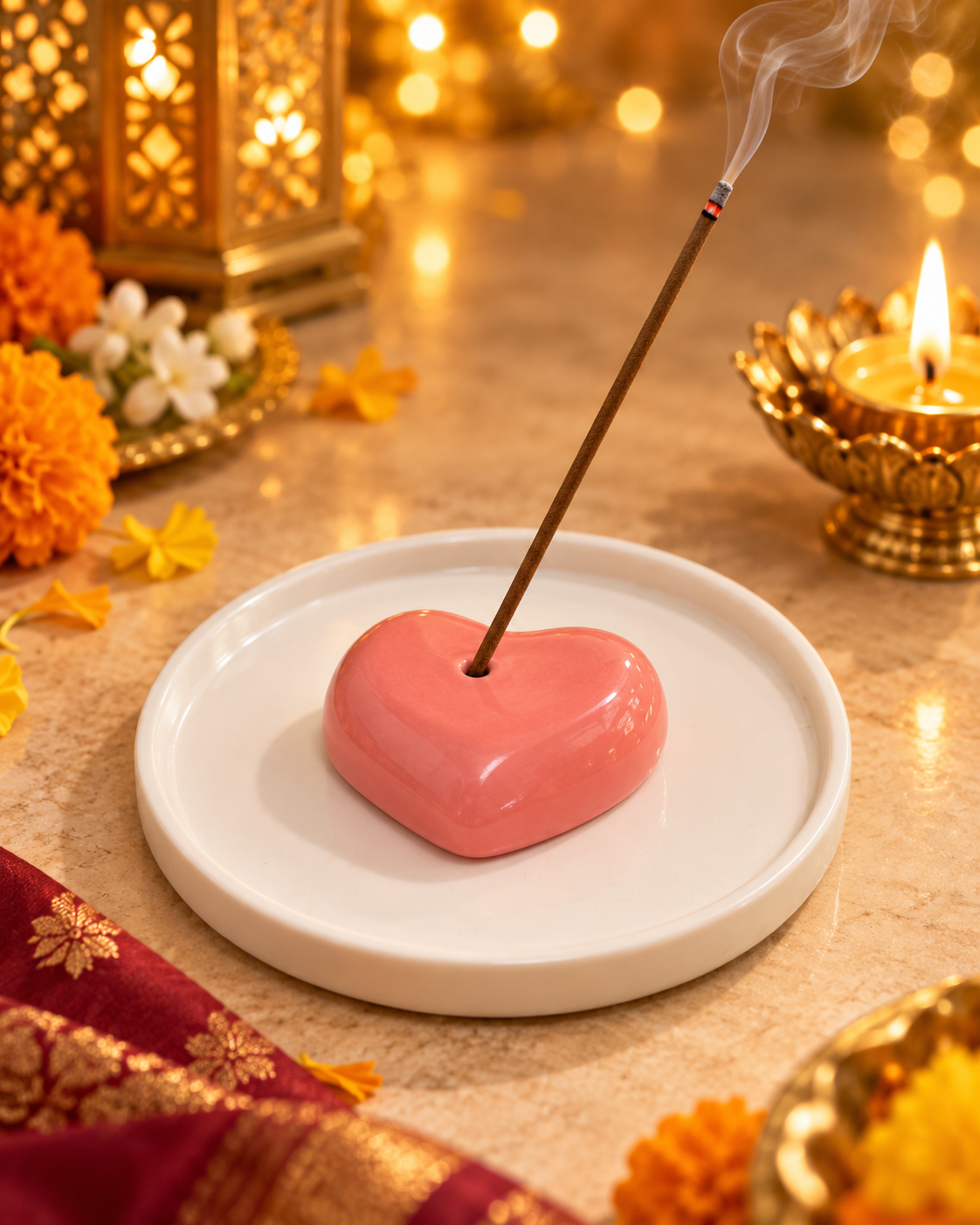 Coral heart incense holder in Diwali glow Pink Heart Incense Stick Plate - Image 1