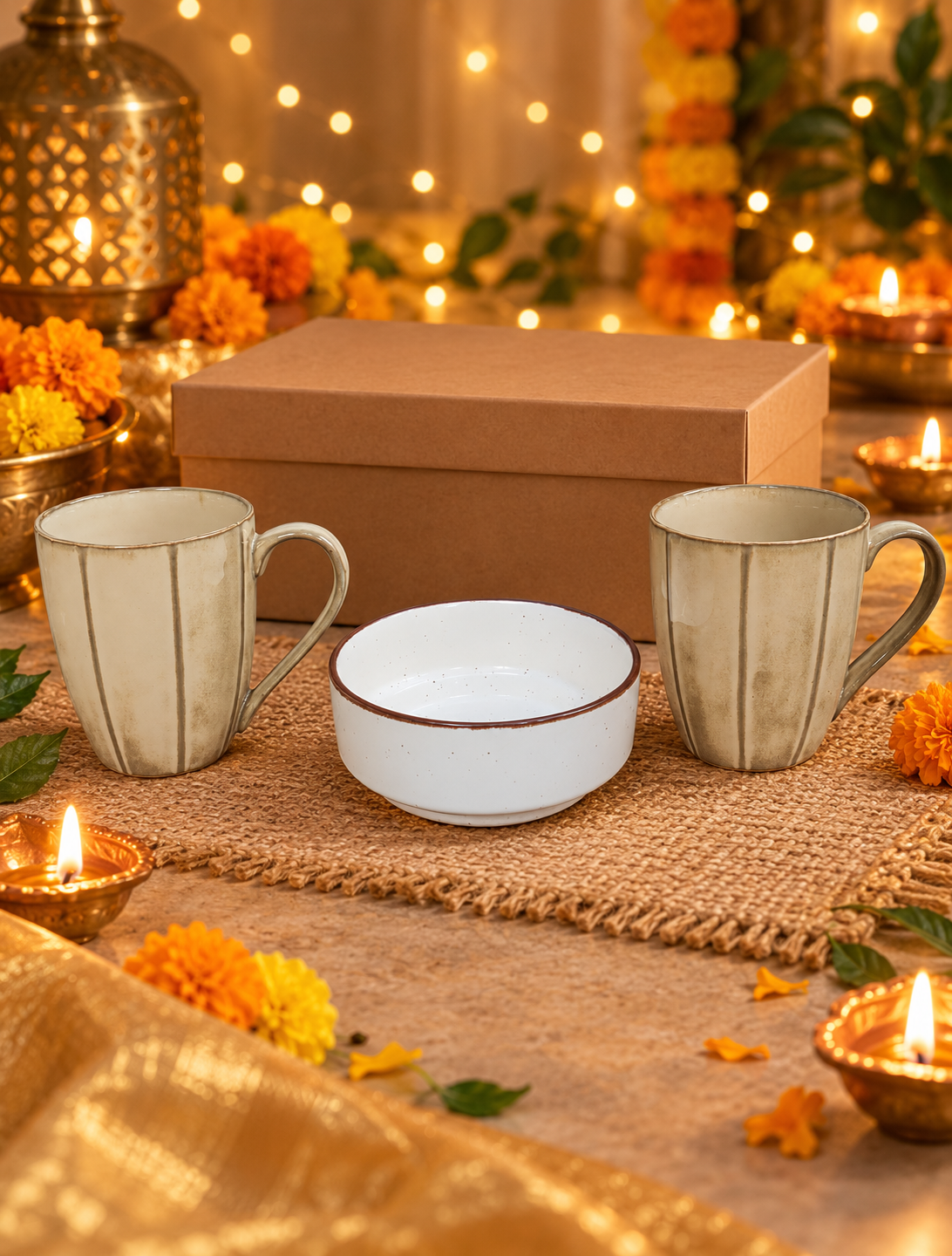 Diwali Ceramic Mug and Bowl Set-2 Rustic Mug & White Bowl Combo Set of 3 - Image 1