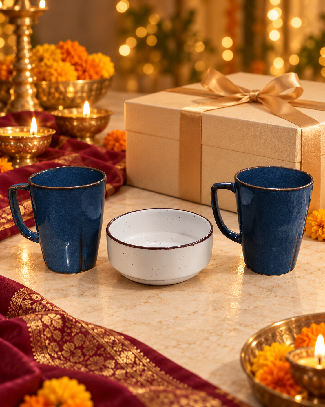 Diwali Twin Navy Mugs and White Bowl-2 Navy Blue Mug & White Bowl Combo Set of 3 - Image 1