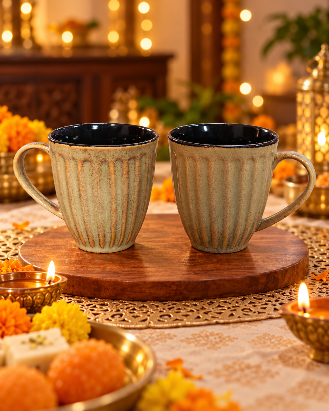 Fluted Ceramic Mugs in Diwali Glow-1 Fluted Brown Mug Set of 2 - Image 1