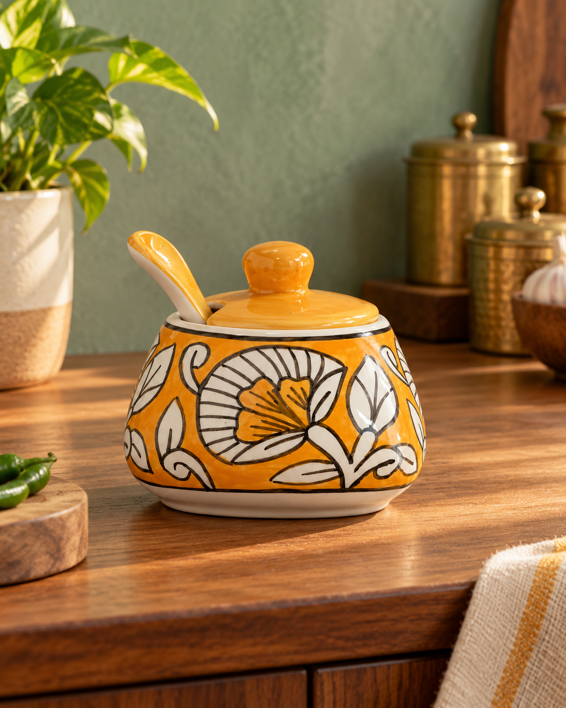 Hand-painted mustard floral condiment jar Mughal Yellow Pickle Jar - Image 1