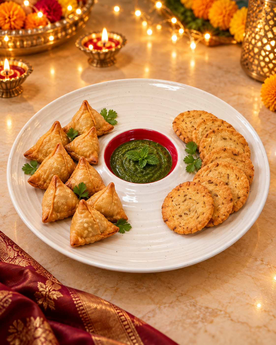 Ivory Diwali Platter with Red Dip Chip & Dip Plate - Image 1