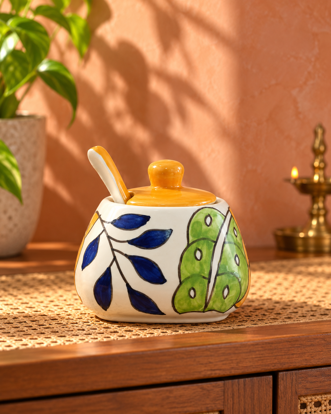 Leaf-Motif Ivory Jar with Orange Lid Leaf Pickle Jar - Image 1
