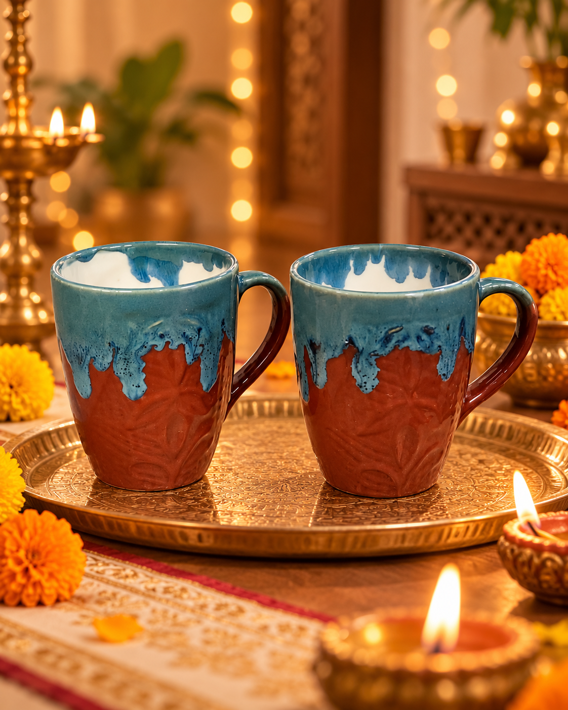 Twin teal-glazed terracotta mugs in Diwali glow-1 Teal Brown Mug Set of 2 - Image 1