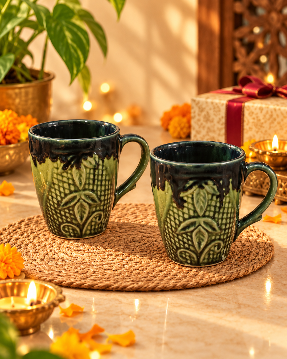 Two green mugs in Diwali glow-1 Green Leaf Mug Set of 2 - Image 1